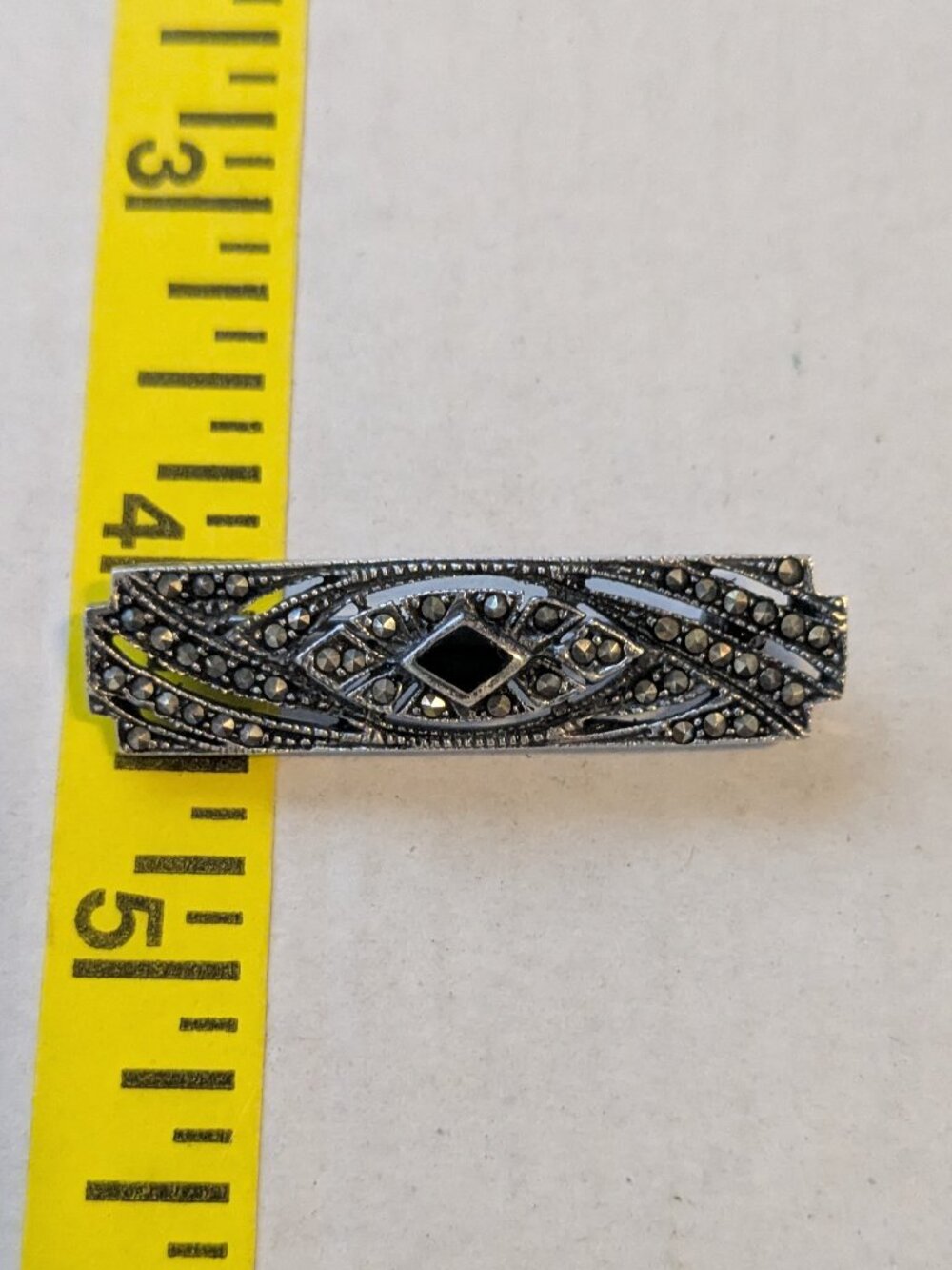 Vintage 925 Sterling Silver Art Deco Style Marcasite Black Onyx Bar Brooch Pin